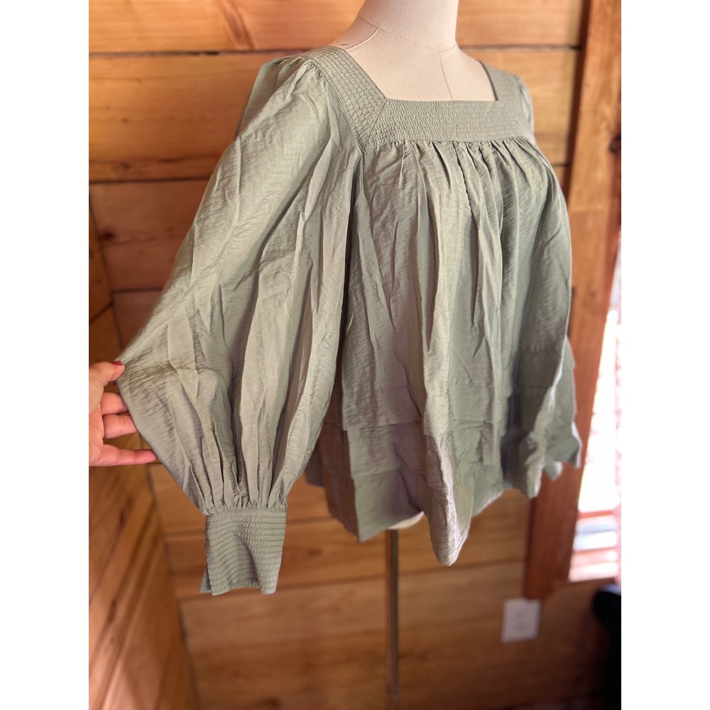 Maeve Sutton Smocked Blouse Women Small Sage Green Square Neck Bishop Sleeve Top - Picture 3 of 7